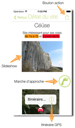 Les informations détaillées d'un site d'escalade Un maximum d'informations sur chaque site d'escalade et la possibilité de contribuer